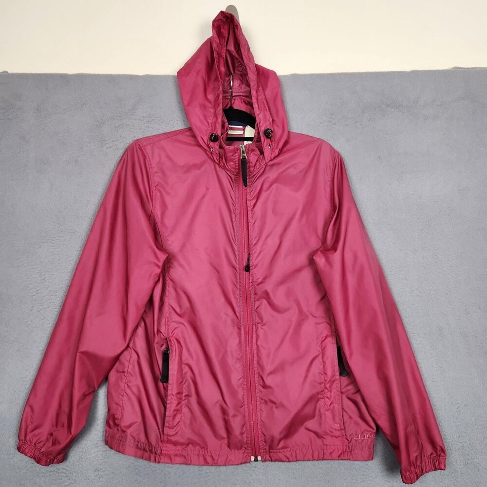 L.L.Bean Jacket Womens Medium Pink Hooded Nylon Windbreaker Lightweight Zip